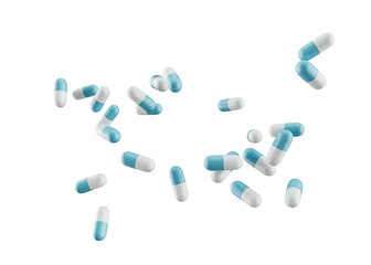 3d Blue And White Pharmaceutical Antibiotic Capsules Scattered In The Air, 3d Illustration