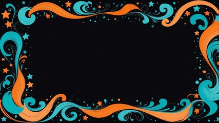 Cute turquoise and orange swirls with stars border frame on black background