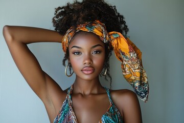 Beautiful black woman posing with colorful headscarf and hand up
