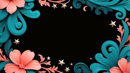 Obraz premium Cute teal and coral swirls with stars border frame on black background