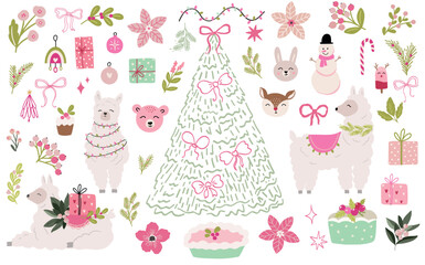 Big set of Christmas clipart and vector elements in cute children modern scandinavian style, candy pink and traditional green floral decorations, ribbons, bows, christmas florals, xmas llama