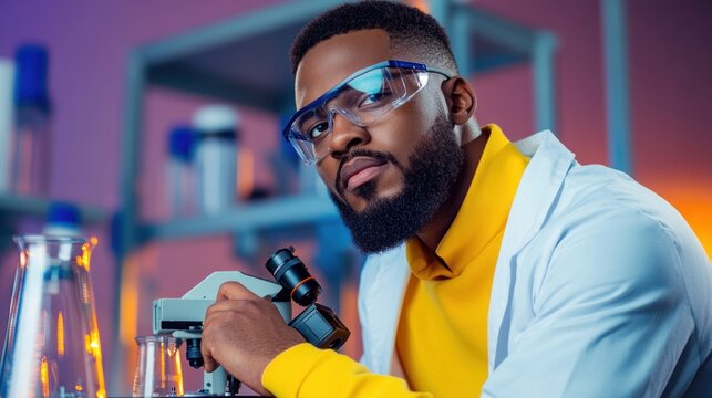 young male scientist is focused on conducting research with a microscope in a brightly lit laboratory, equipped with various glassware and safety gear while wearing a lab coat and goggles