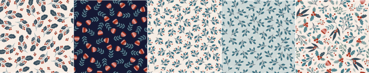 Floral seamless pattern design, hand drawn set of digital paper, wallpaper, reapeating vector background with elegant cute flowers and floral branches.