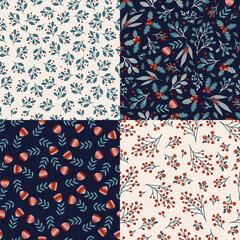 Floral seamless pattern design, hand drawn set of digital paper, wallpaper, reapeating vector background with elegant cute flowers and floral branches.