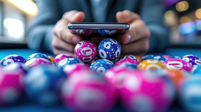 A person examines lottery numbers using a smartphone surrounded by a vibrant array of colorful lottery balls symbolizing hope and chance in modern gaming.