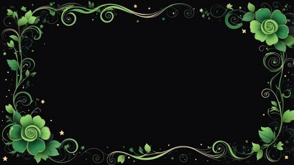 Obraz premium Cute green and black swirls with stars border frame on black background