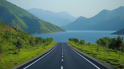 Obraz premium Empty asphalt road leading to lake and mountains in montenegro