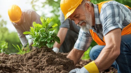 An elderly man is focused on planting seedlings in rich soil at a community garden, surrounded by volunteers. The sun shines through the trees, creating a bright, uplifting atmosphere