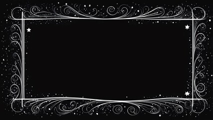 Cute black and white swirls with stars border frame on black background