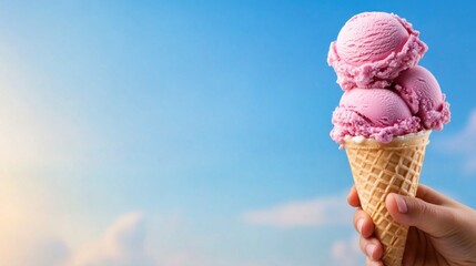 hand holds a waffle cone filled with three scoops of pink ice cream, set against a vibrant blue sky on a sunny day, perfect for warm weather enjoyment