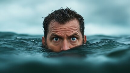 man swims in rough ocean waters, his intense gaze searching for safety as the waves surround him. turbulent backdrop and darkening sky add to the sense of urgency and fear