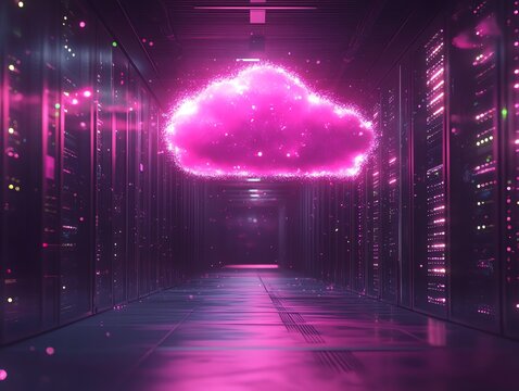 A glowing pink cloud shape floats above a server room hallway. - Powered by Adobe