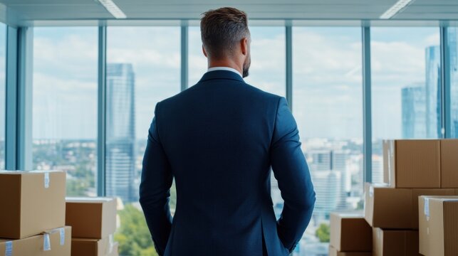 business professional in a suit faces the city skyline from a high-rise office, with moving boxes around him, indicating a change or relocation event during daylight hours