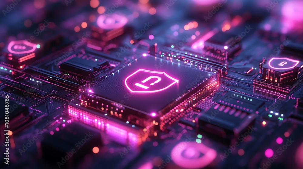 Poster A glowing security shield icon on a microchip circuit board.