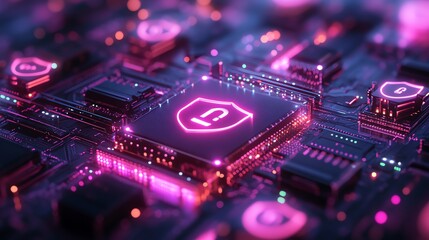 A glowing security shield icon on a microchip circuit board.