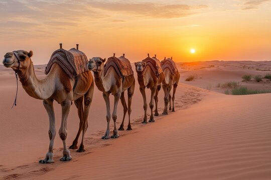 Dromedary camels walking in desert sand dunes at sunset