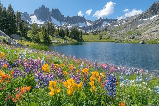 Wildflowers blooming by an alpine lake in the sierra nevada mountains