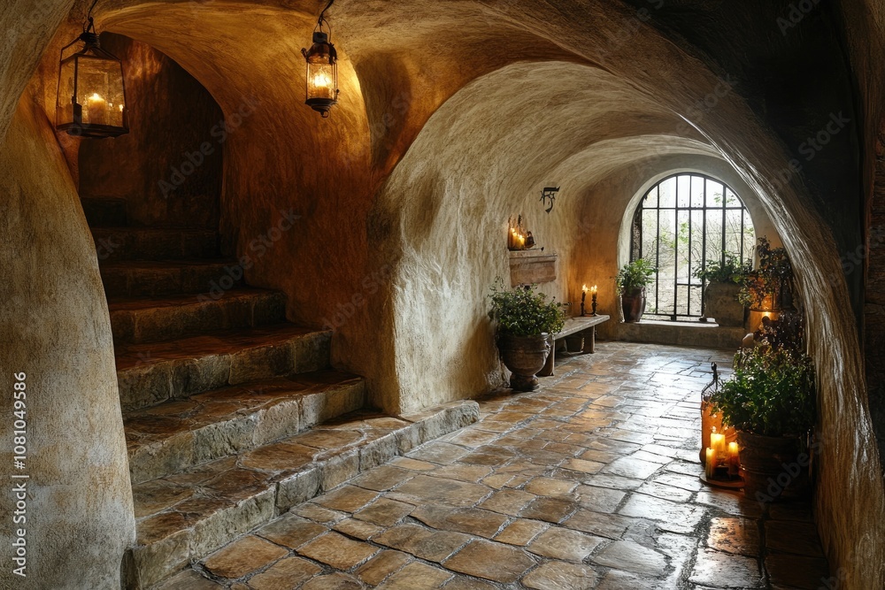 Poster stone staircase leading up in an ancient vaulted cellar with lanterns and candles