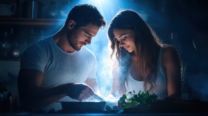 couple joyfully prepares a meal, sharing a moment of togetherness in a warmly lit kitchen filled with steam and fresh ingredients during the evening