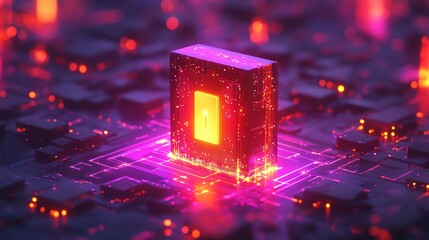 A glowing, transparent cube with a keyhole icon sits atop a circuit board, illuminated by vibrant neon lights.