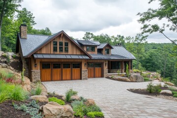 Modern mountain home with slate and metal roof featuring three-car garage