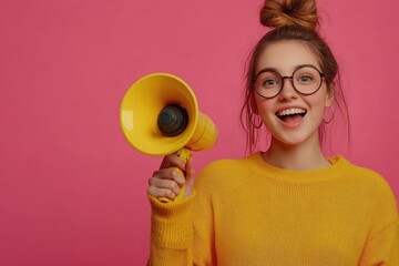 Young woman shouting through megaphone on pink background