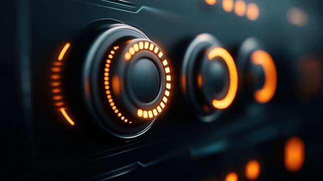 Close-up of illuminated control knobs with orange light on a dark electronic device, showcasing modern design elements and technology.