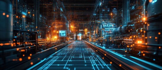 Obraz premium Futuristic city with glowing lights and a digital pathway.