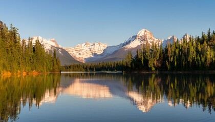 Fototapeta premium Serene Lake Nestled Between Snow-Capped Peaks and Lush Forests, Reflecting the Sunshine and Surrounding Scenery on Its Glassy Surface During Early Morning