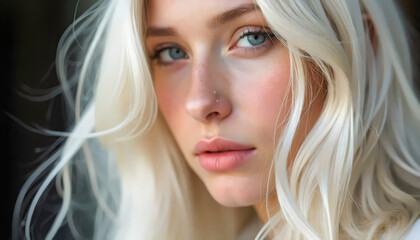 Fototapeta premium Stunning blonde woman with captivating blue eyes.