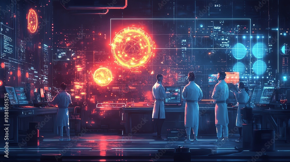 Poster A group of scientists in lab coats stand in a futuristic laboratory, surrounded by glowing digital screens.