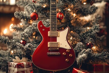 Red electric guitar leaning on table under christmas tree with gifts