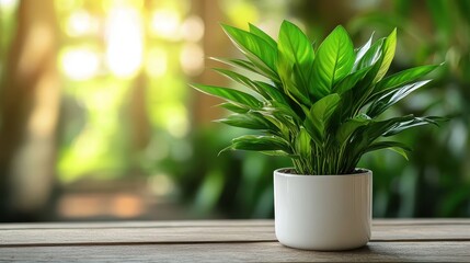 A vivid green plant extends its leaves from a pristine white pot while absorbing sunlight, positioned perfectly on a wooden surface in a tranquil indoor environment.