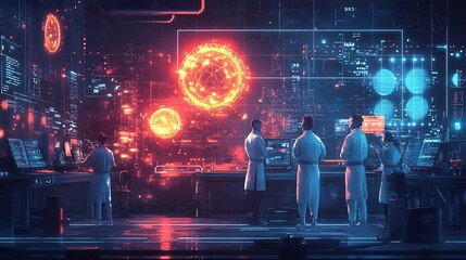 A group of scientists in lab coats stand in a futuristic laboratory, surrounded by glowing digital screens.