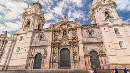 The Basilica Cathedral of Lima is a Roman Catholic cathedral located in the Plaza Mayor timelapse hyperlapse in Lima, Peru