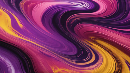 Obraz premium Purple, pink and yellow liquids swirl in a colorful swirl. The texture is glossy and looks realistic.