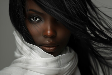 Close-up portrait of a young, beautiful black woman with make-up, long hair, and a white scarf - isolated, neutral background
