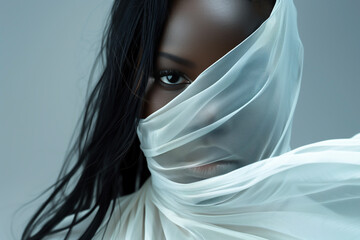 Close-up portrait of a young, beautiful black woman with make-up, long hair, and a white scarf over and hiding her face - isolated, light blue background