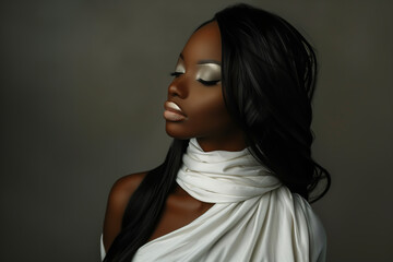 Close-up portrait of a young, beautiful black woman with make-up, long hair, and a white scarf - isolated, neutral background