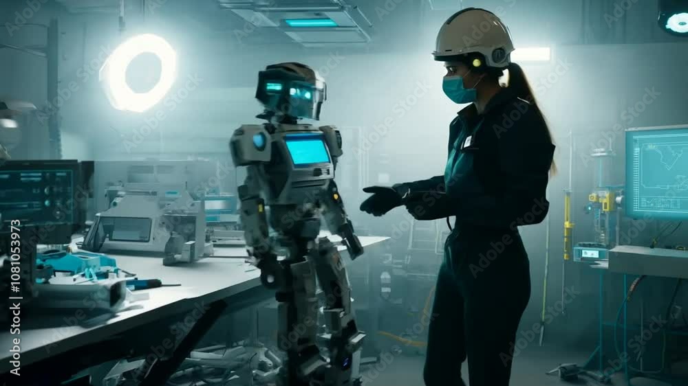 Poster technician works with advanced robot in future lab generative ai