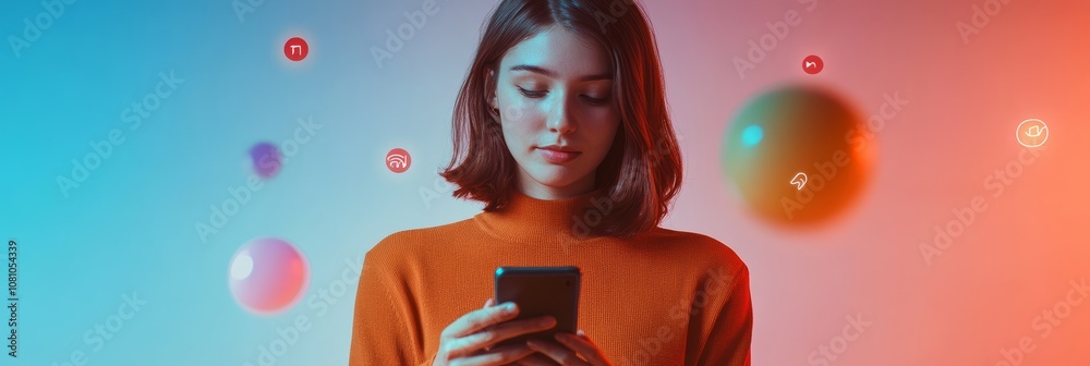 Poster Young woman using smartphone with social media icons and colorful abstract shapes floating around her, representing connection and communication in digital world