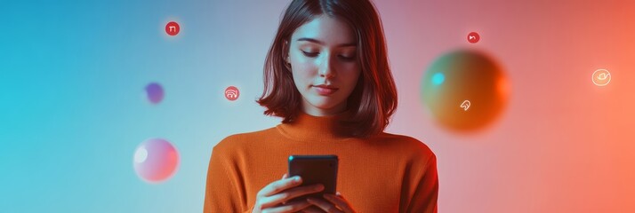 Young woman using smartphone with social media icons and colorful abstract shapes floating around her, representing connection and communication in digital world