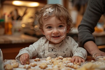 A cheerful toddler laughs and plays with flour scattered on a kitchen countertop, showcasing their delight while baking with a family member nearby