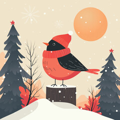 Christmas card with birds, illustration winter landscapes, winter birds, bullfinch, vector images, flat illustration