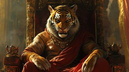 Fototapeta premium A Cunning Rakshasa With Tiger Features Commands the Throne at Sunset