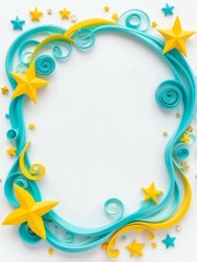 Cute aqua and yellow swirls with stars border frame portrait on white background