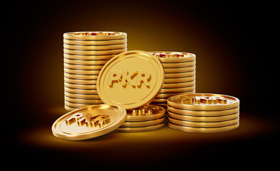 Stack Of Golden Shiny Pakistani Rupee Rounded Coins On Shiny Golden Glow Background 3d Illustration