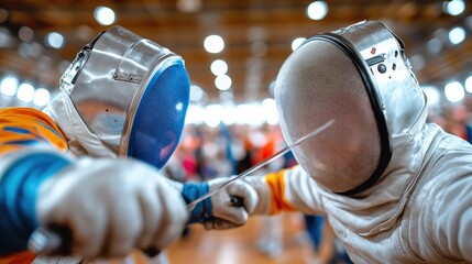 Two fencers in protective attire clash swords in a bustling hall, surrounded by blurred spectators, capturing themes of sport, rivalry, and energy.