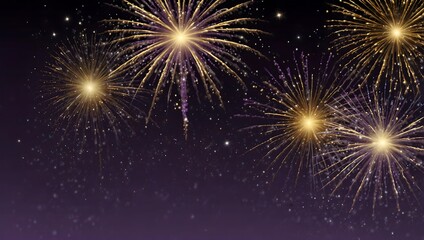 Fototapeta premium Golden fireworks burst against a dark purple night sky.