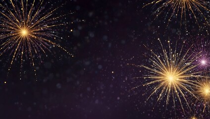 Fototapeta premium Golden fireworks explode against a dark purple night sky, filled with sparkles.